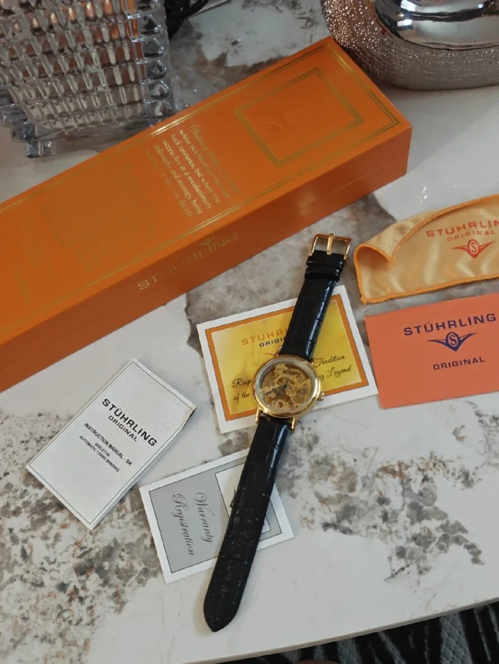 Unisex Watches ⌚.Stuhrling Original Gold Skeleton Watch with Black Leather Strap